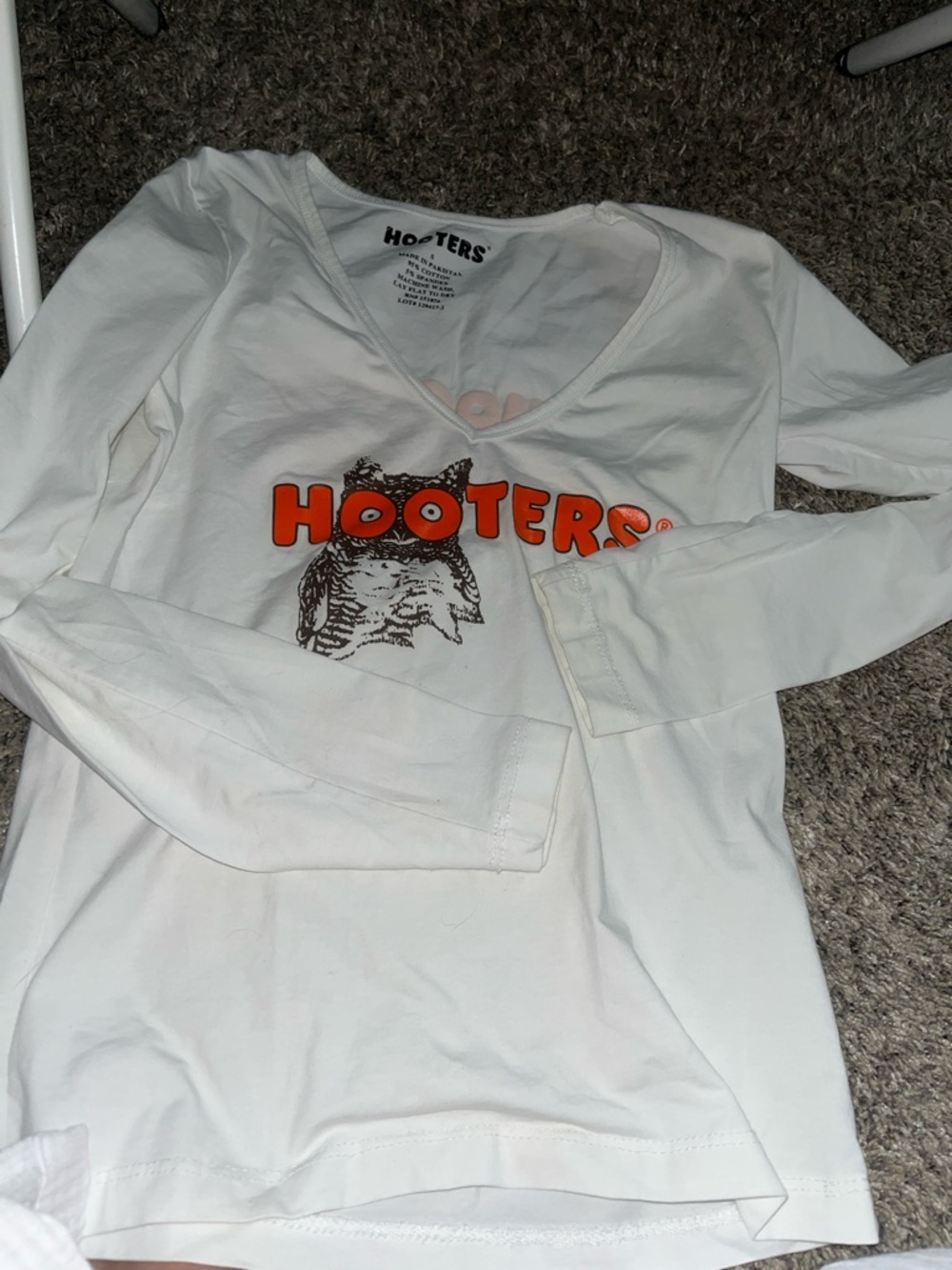 Hooters White Long-Sleeve V-Neck Tee with Orange Logo
